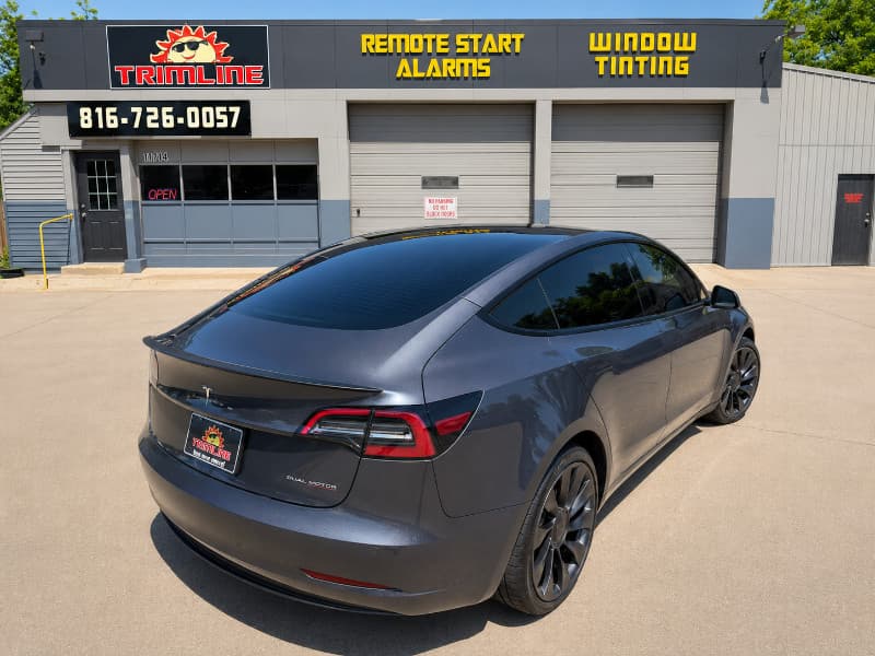 Freshly tinted Tesla Model 3 at Trimline's Independence, MO shop